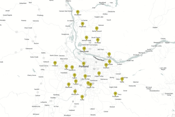 Map of the Portland, Oregon, metro area with location pins marking various neighborhoods and towns. The pins are clustered around Portland and extend to Vancouver, Tigard, and Gresham.