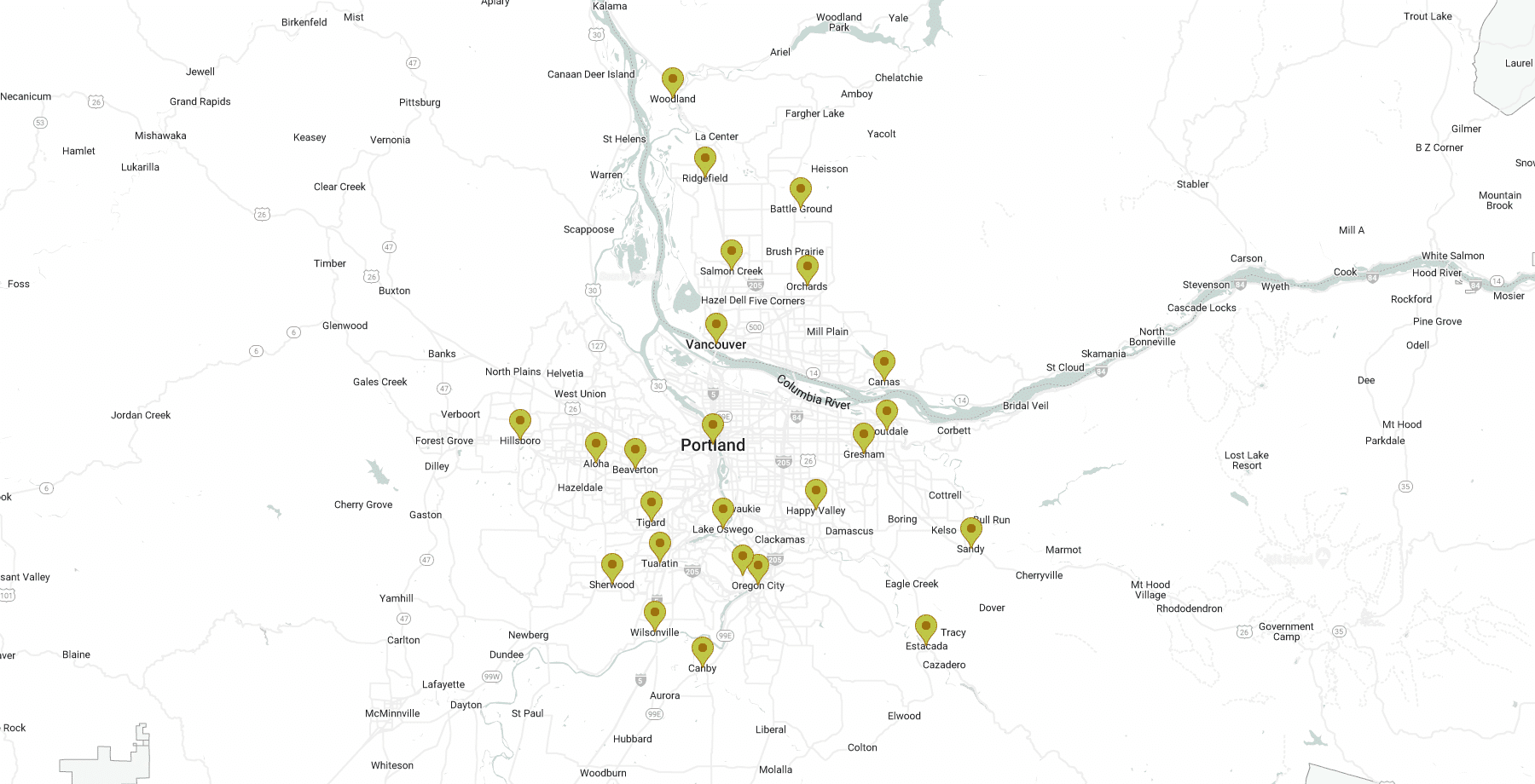 Map of the Portland, Oregon metro area, highlighting cities from Vancouver to Salem. This detailed map shows key roads and landmarks, useful for planning pressure washing routes.