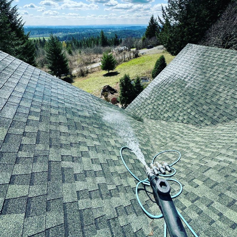 Close-up of roof cleaning in progress on a shingled roof in Portland, OR. Water sprays from a pressure washer, with a scenic view of trees and hills in the background.
