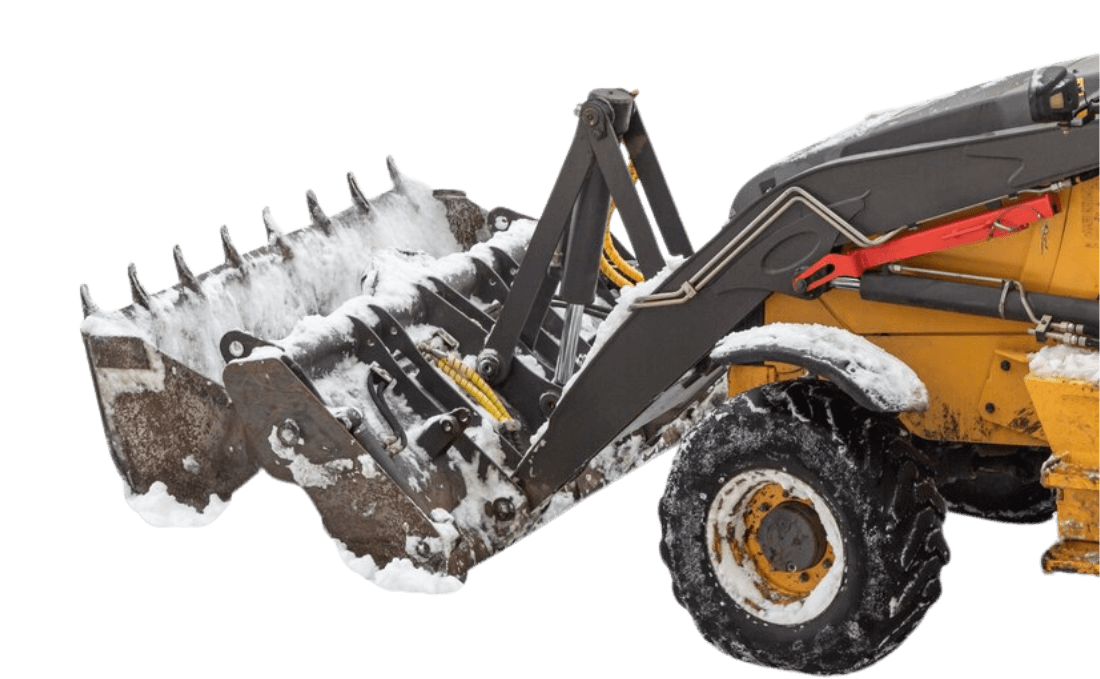 Heavy-duty snow removal equipment with a large bucket filled with snow. A yellow and gray machine ready for snow removal in Portland OR.