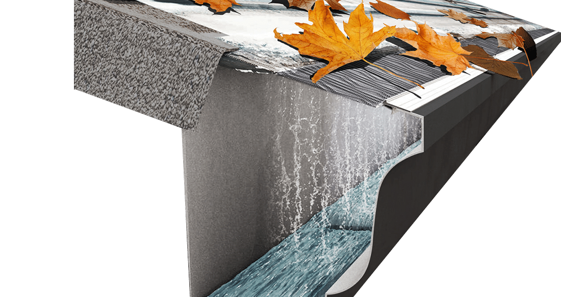 Cutaway view of a gutter guard installation, showing the mesh screen protecting the gutter from leaves and allowing water to flow through.